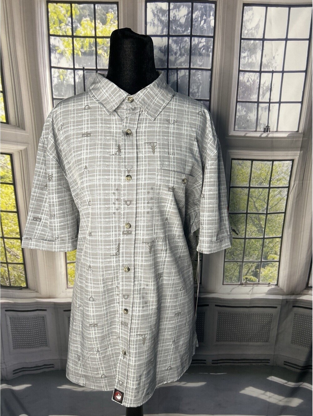 Canada Weather Gear Men’s Large Gray Camping Print Button Up Shirt Quick Dry UPF